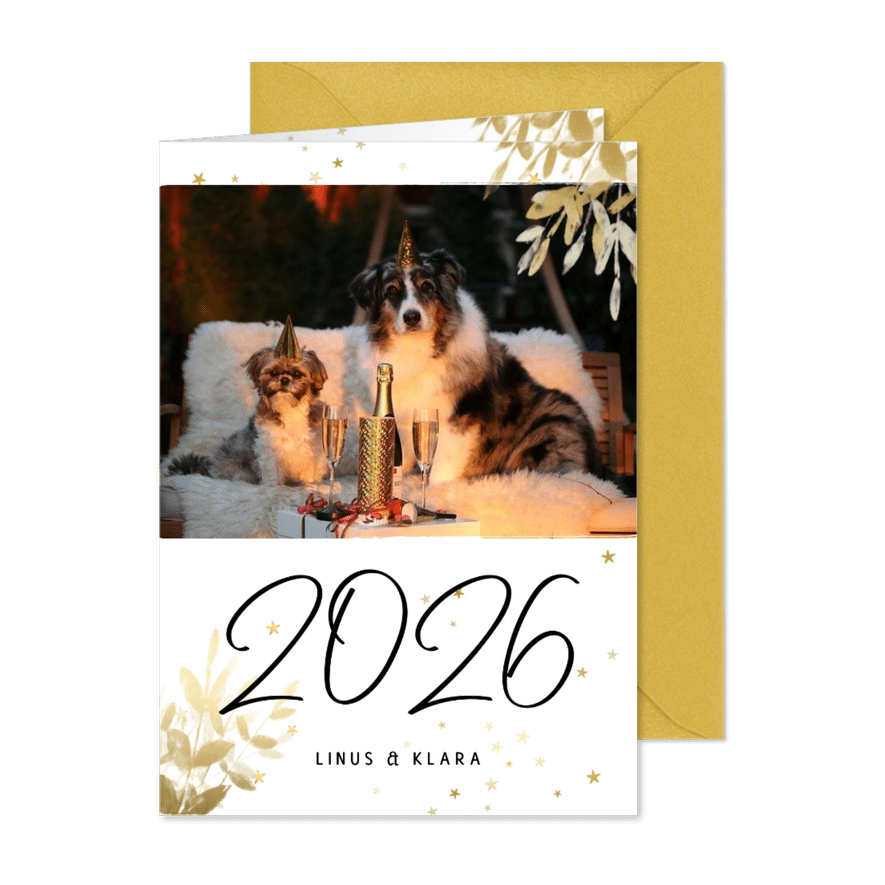 Neujahrsgruß 2026 Goldlook botanisch mit Foto - Karteneindruck
