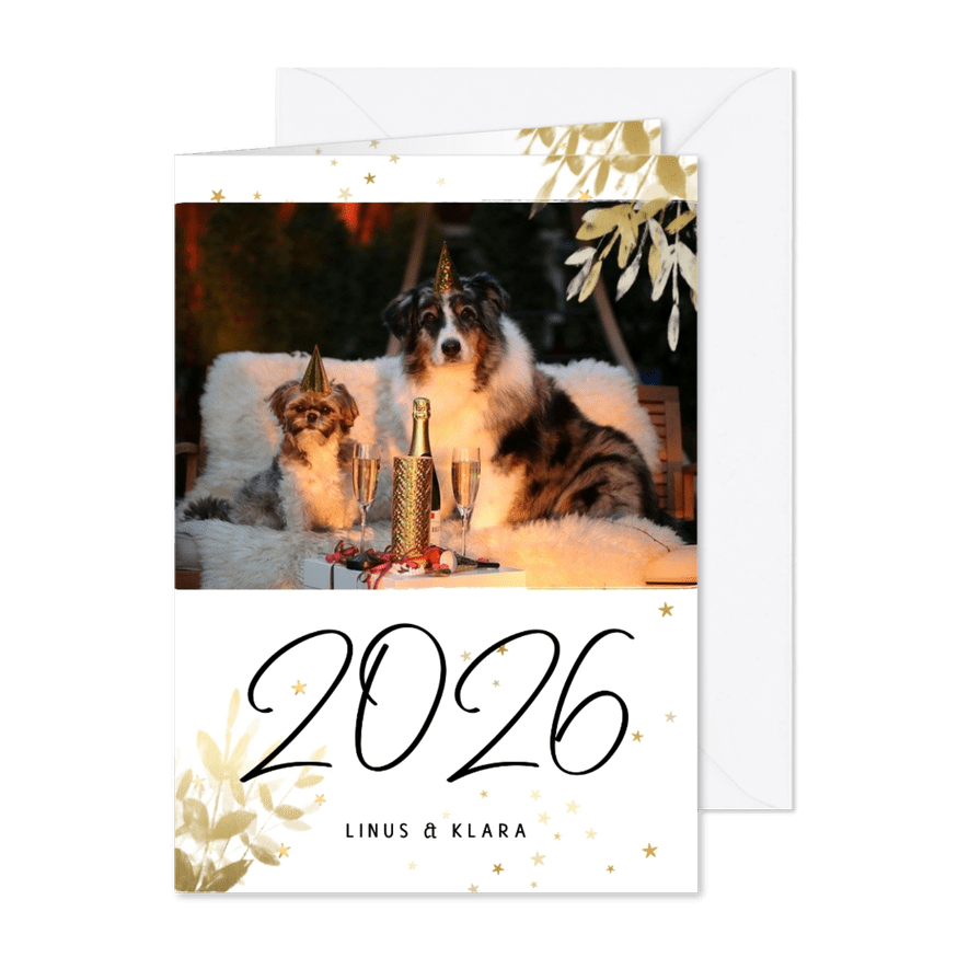 Neujahrsgruß 2026 Goldlook botanisch mit Foto - Karteneindruck