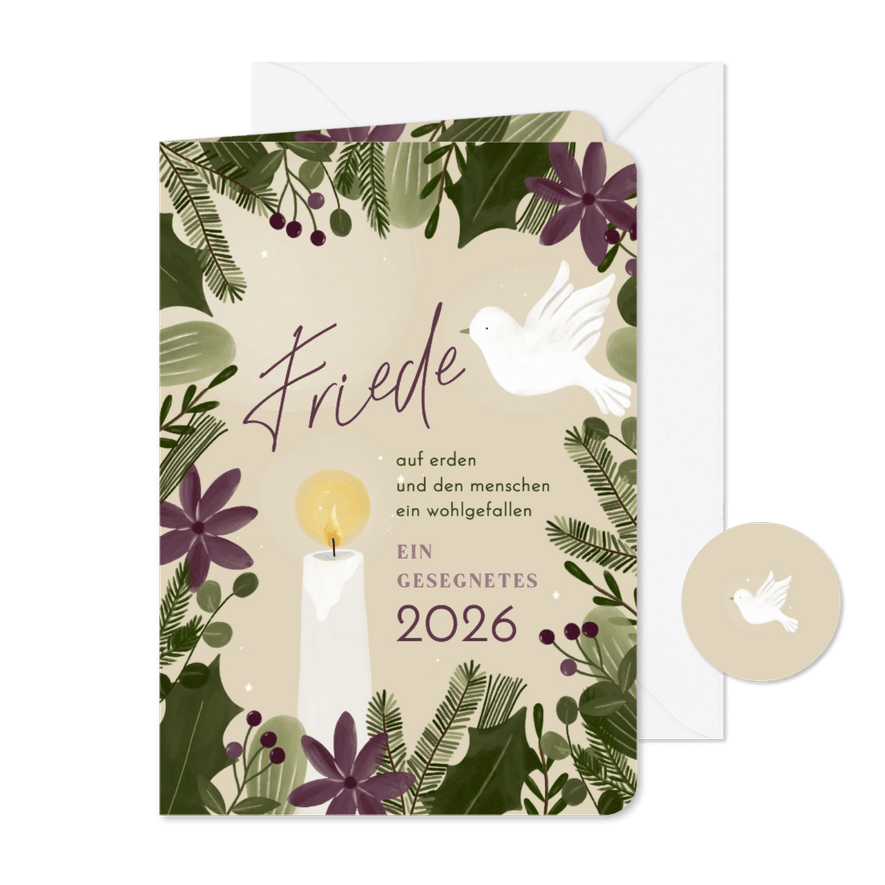 Neujahrsgrußkarte christlich mit Taube und Kerze - Karteneindruck
