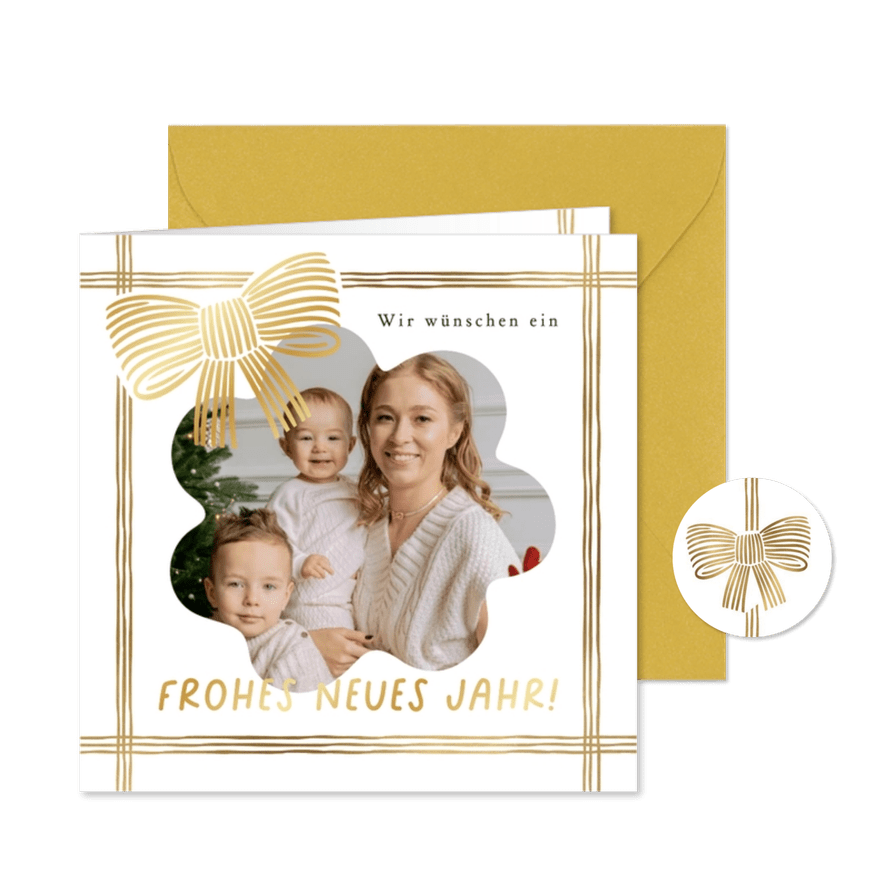 Neujahrsgrußkarte Foto mit Goldschleife - Karteneindruck
