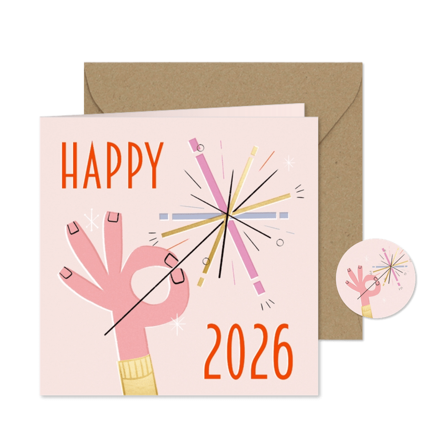 Neujahrsgrußkarte 'Happy 2026' Hand mit Wunderkerze - Karteneindruck
