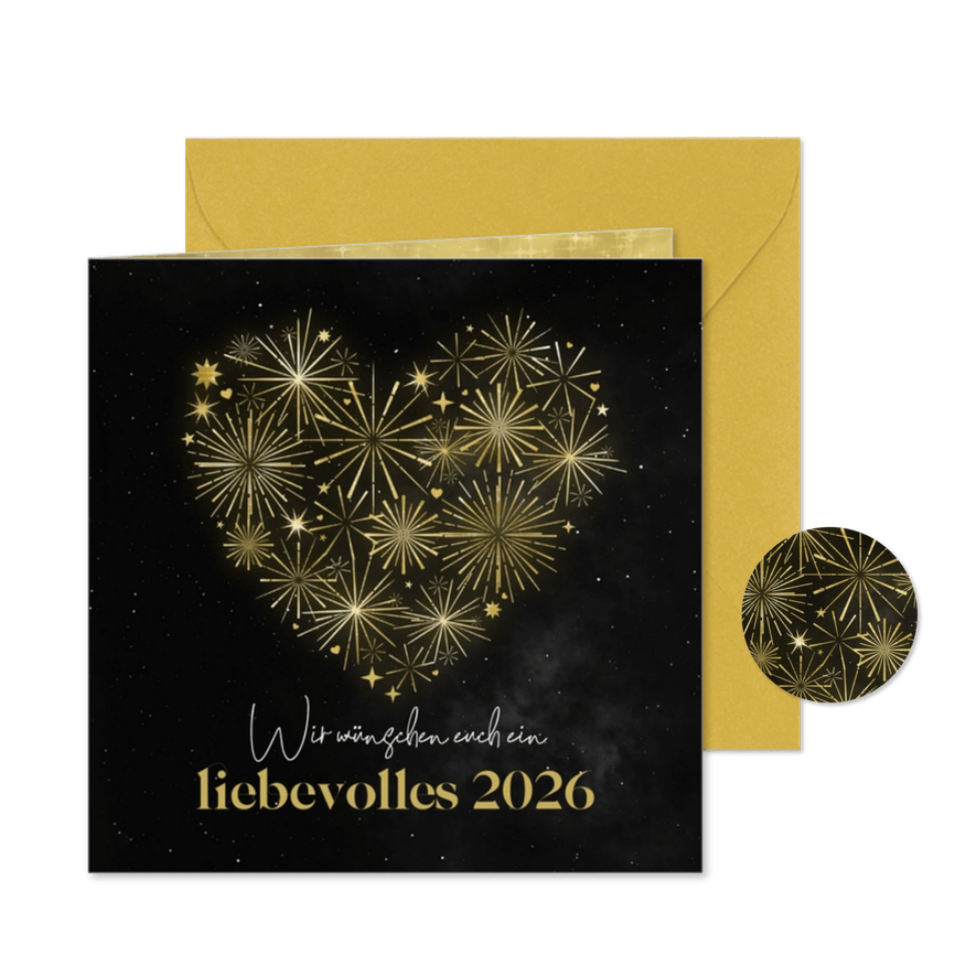 Neujahrsgrußkarte Herz aus Feuerwerk - Karteneindruck