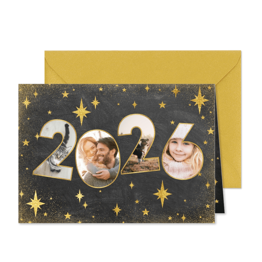 Neujahrskarte 2026 Fotocollage mit Sternen - Karteneindruck
