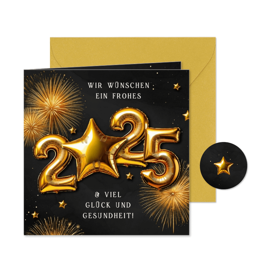 Neujahrskarte 2026 goldene Folienballons mit Stern - Karteneindruck