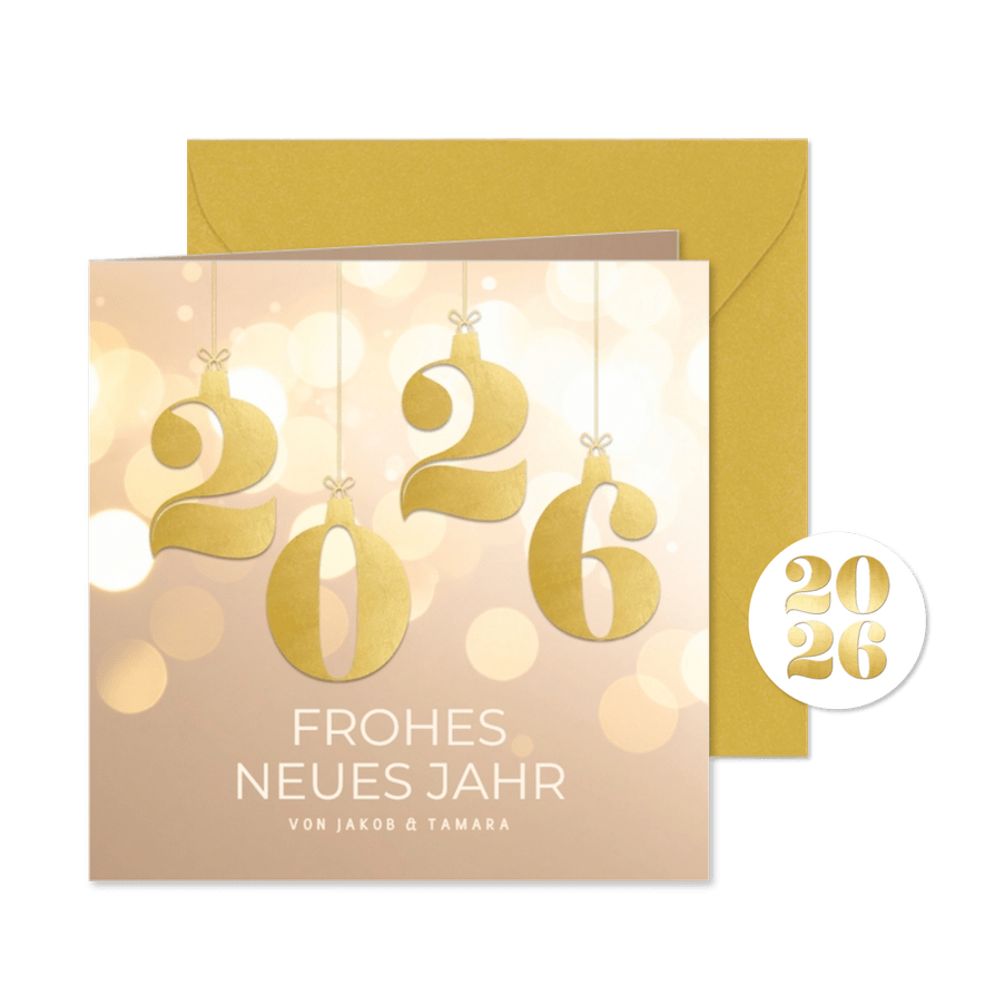 Neujahrskarte 2026 Hänger Beige Gold Bokeh - Karteneindruck
