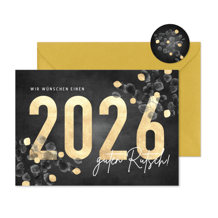 Neujahrskarte 2026 mit stilvollem Eukalyptus - Karteneindruck
