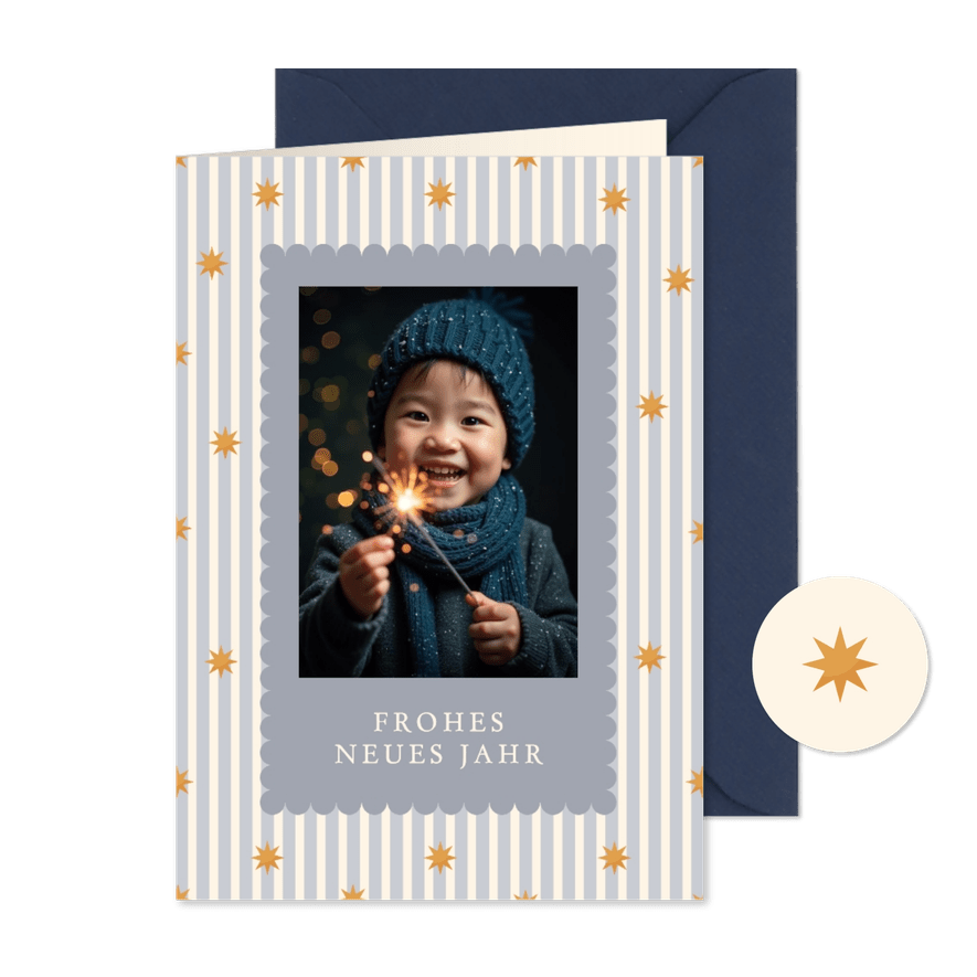 Neujahrskarte blaue Streifen Foto Sternchen - Karteneindruck

