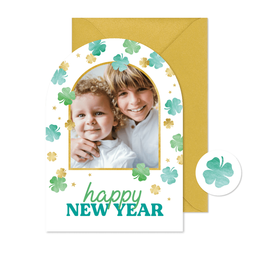 Neujahrskarte Bogenform Foto mit Glücksklee - Karteneindruck