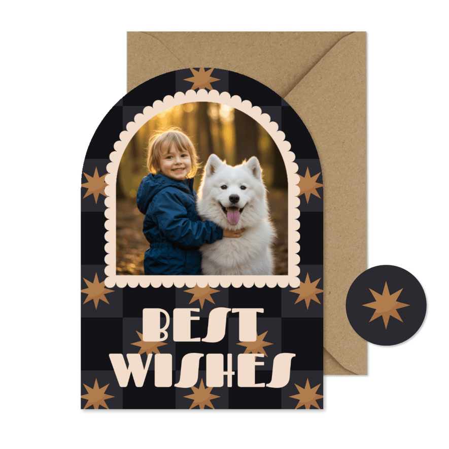 Neujahrskarte Bogenform Foto Sterne Karomuster 'Best Wishes' - Karteneindruck
