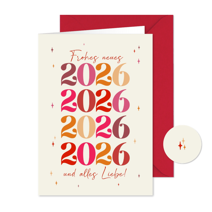 Neujahrskarte bunte 2026 Beige mit Sternchen - Karteneindruck