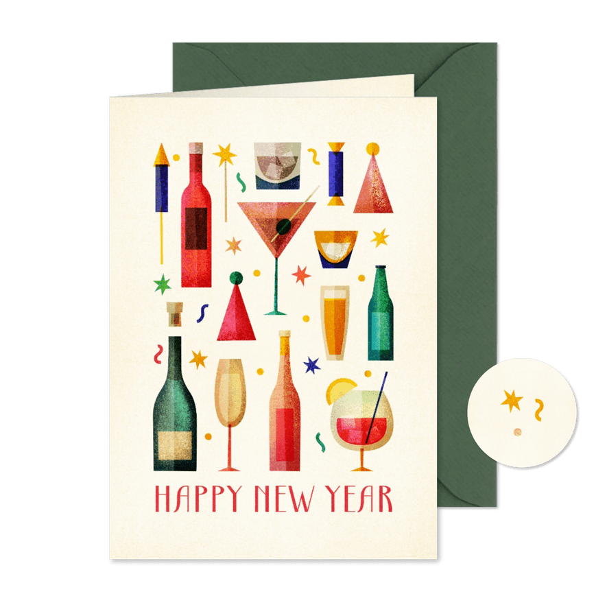 Neujahrskarte bunte Gläser 'Happy New Year' - Kartenvorschau
