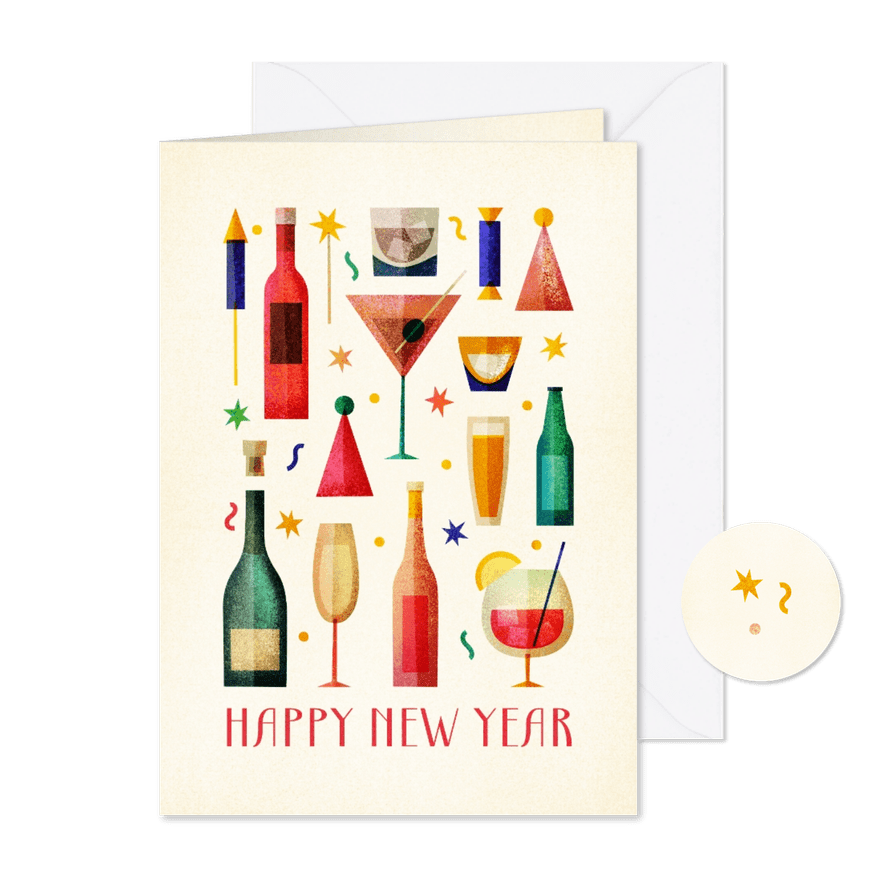 Neujahrskarte bunte Gläser 'Happy New Year' - Karteneindruck