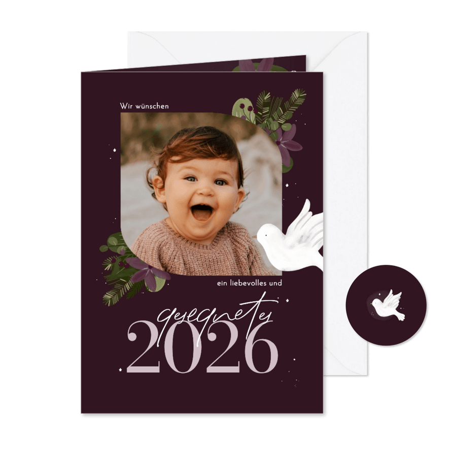 Neujahrskarte christlich Taube und Zweige mit Foto lila - Karteneindruck
