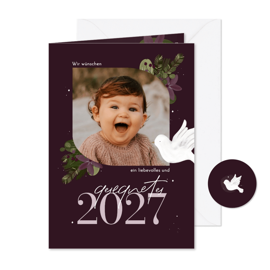 Neujahrskarte christlich Taube und Zweige mit Foto lila - Kartenvorschau