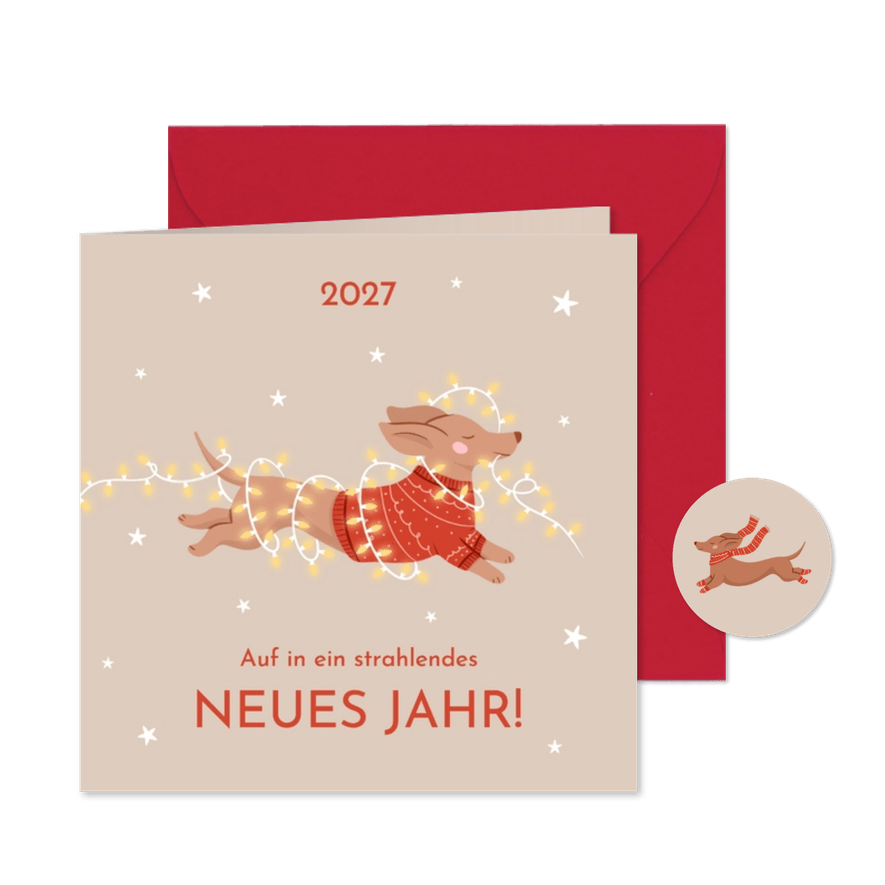 Neujahrskarte Dackel im Pulli mit Lichterkette  - Kartenvorschau
