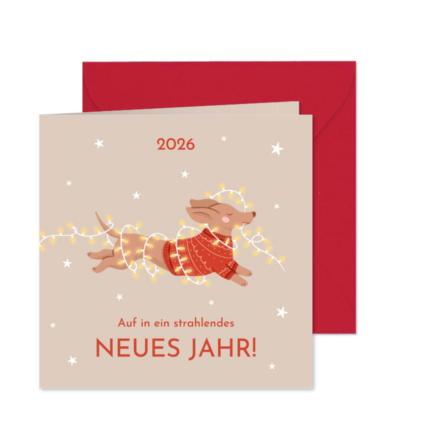 Neujahrskarte Dackel im Pulli mit Lichterkette - Karteneindruck