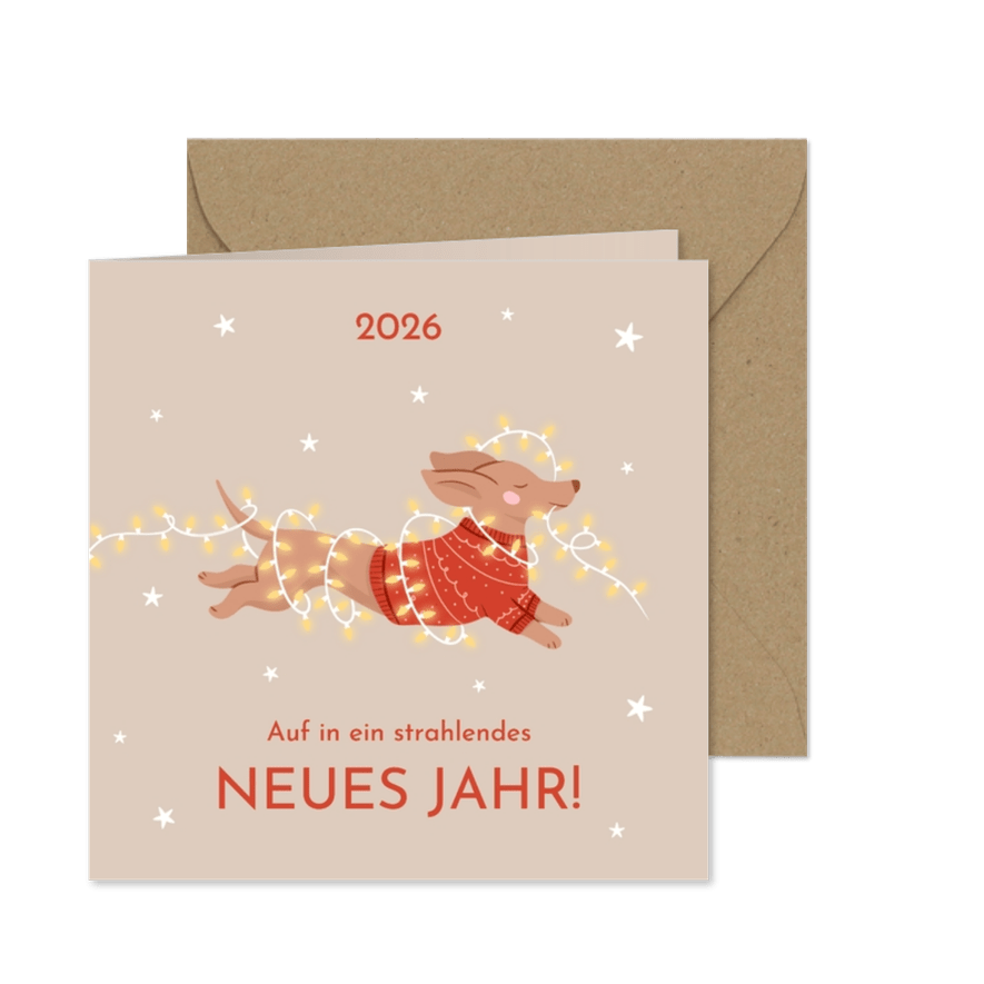 Neujahrskarte Dackel im Pulli mit Lichterkette - Karteneindruck