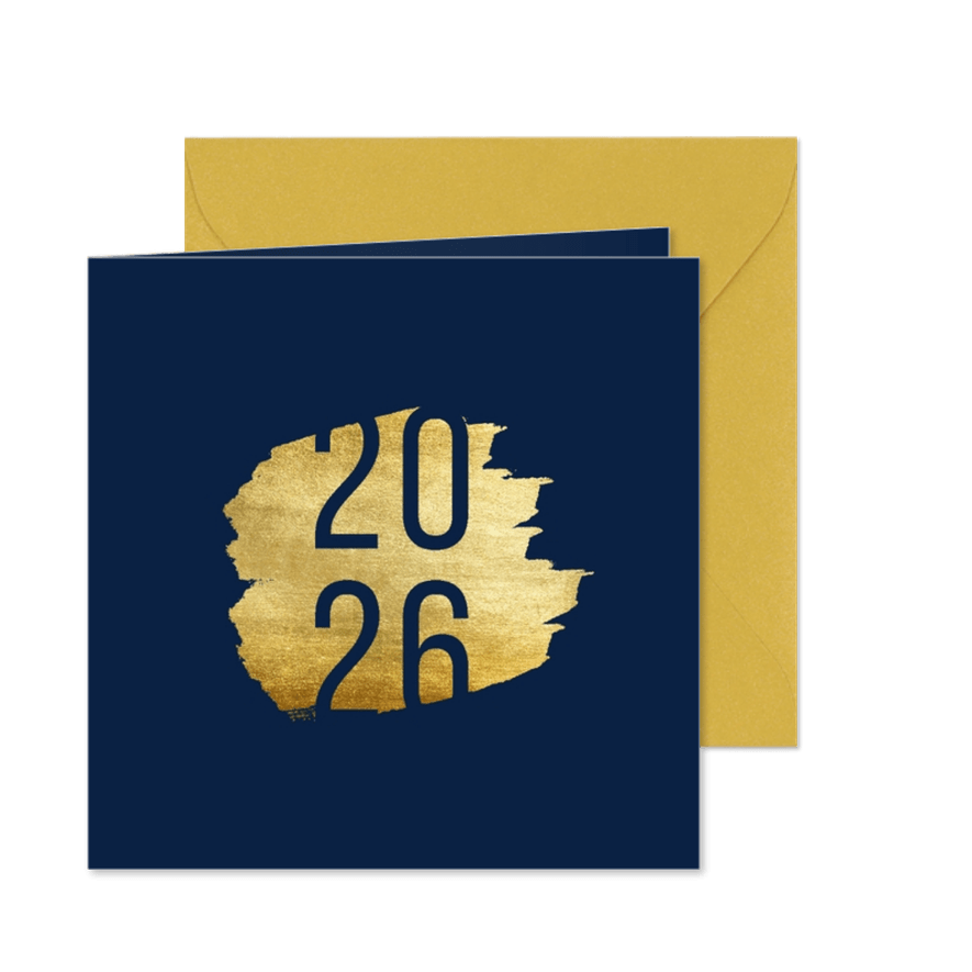 Neujahrskarte dunkelblau mit 2026 auf Gold - Karteneindruck
