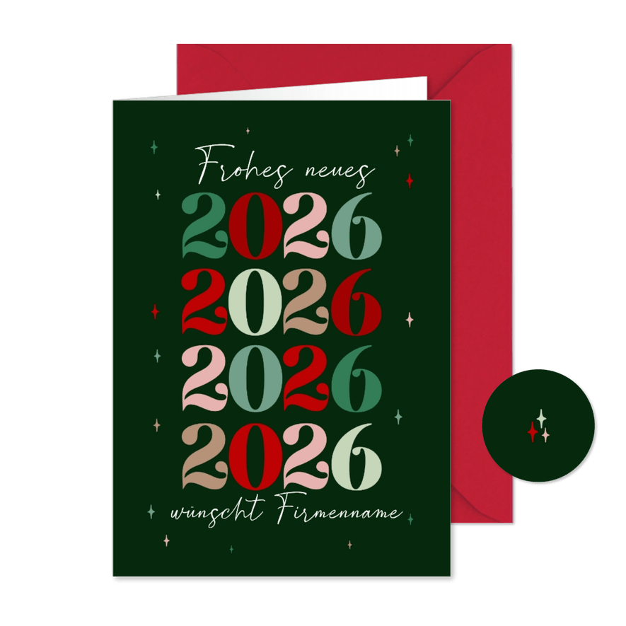 Neujahrskarte dunkelgrün Sternchen Firma 2026 bunt - Karteneindruck