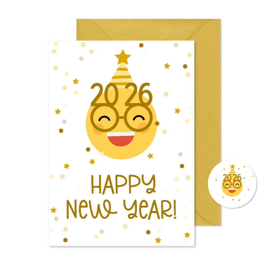 Neujahrskarte Emoji mit Brille und 2026 - Karteneindruck
