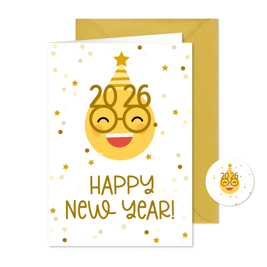 Neujahrskarte Emoji mit Brille und 2026 - Karteneindruck