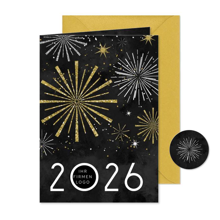 Neujahrskarte Feuerwerk gold und silber - Karteneindruck