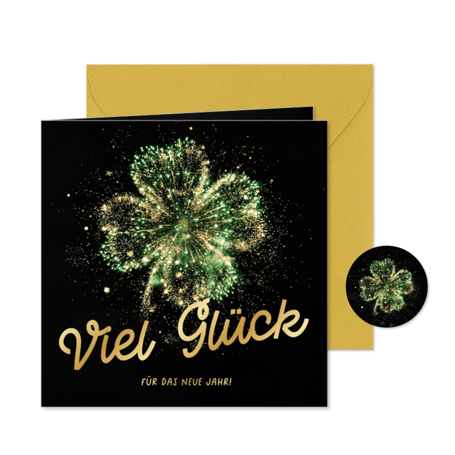 Neujahrskarte Feuerwerk Kleeblatt Viel Glück - Karteneindruck