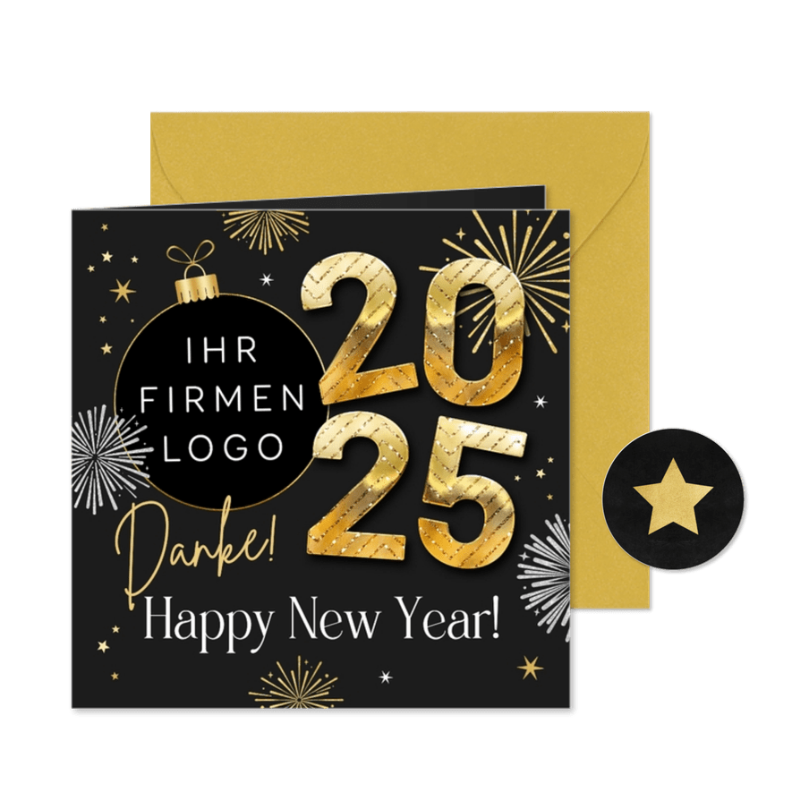 Neujahrskarte Firma 2025, Logo & Feuerwerk - Karteneindruck
