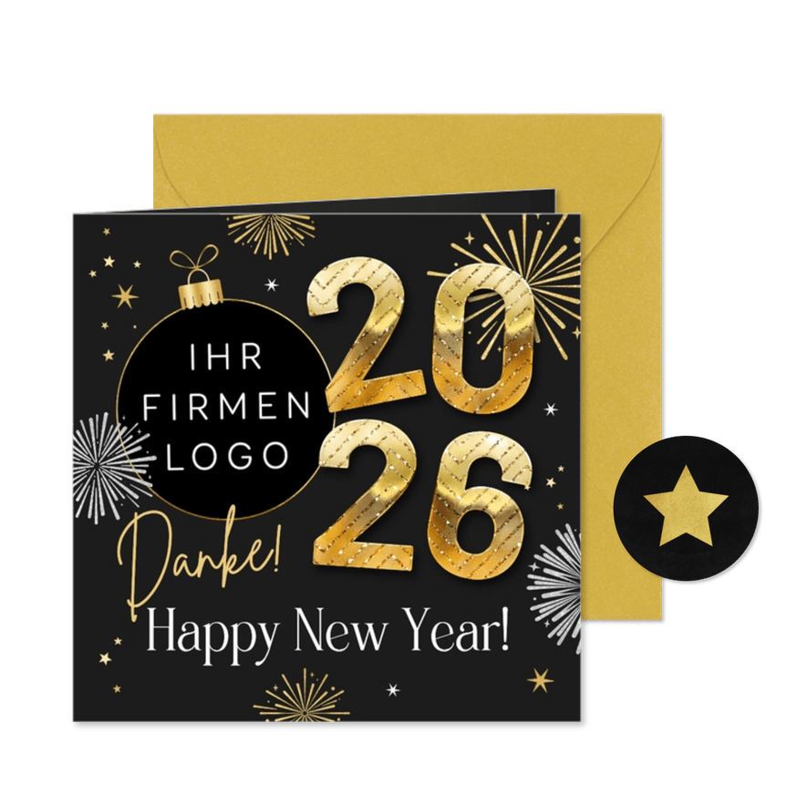 Neujahrskarte Firma 2026, Logo & Feuerwerk - Karteneindruck
