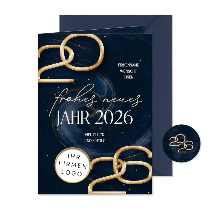 Neujahrskarte Firma Logo 2026 gold blau - Karteneindruck
