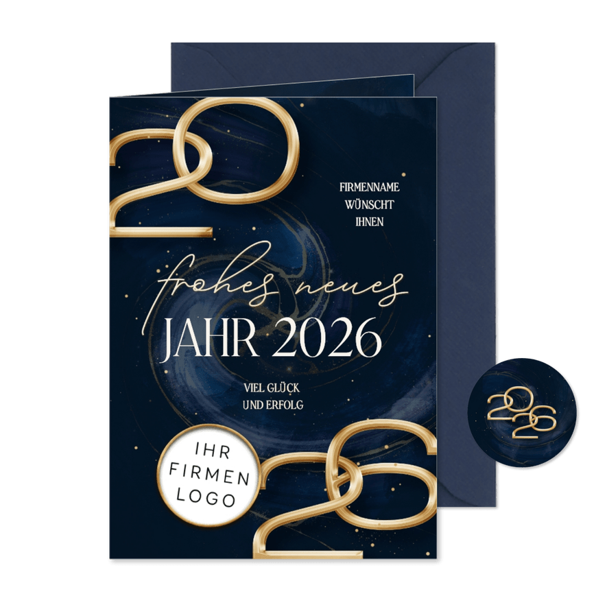 Neujahrskarte Firma Logo 2026 gold blau - Karteneindruck