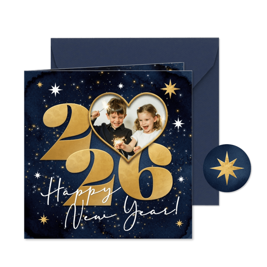 Neujahrskarte Foto in herz 2026 gold auf blau Sternchen - Karteneindruck
