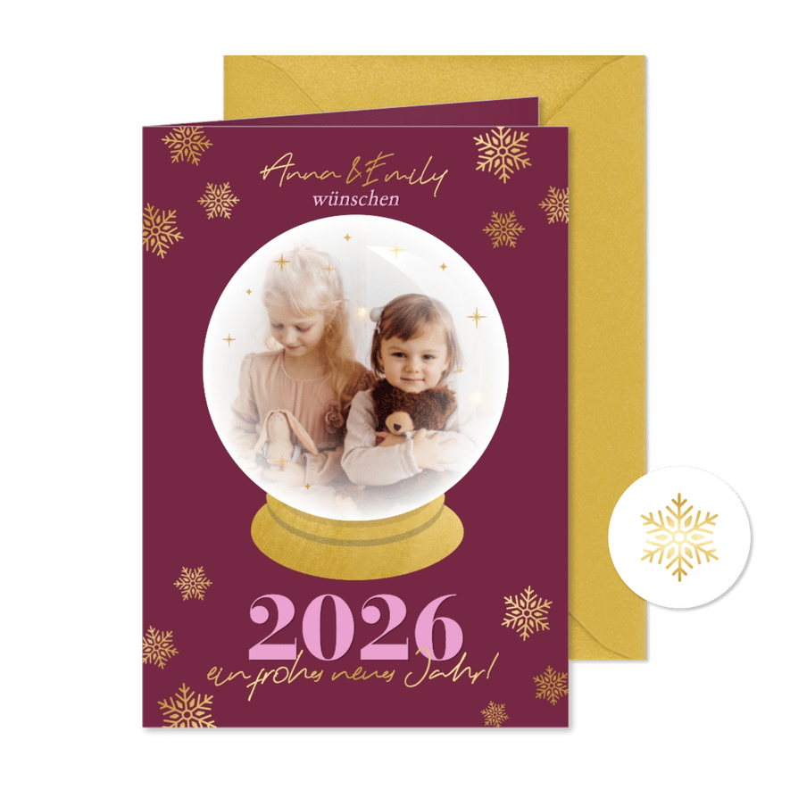Neujahrskarte Foto in Schneekugel Schneeflocken - Karteneindruck

