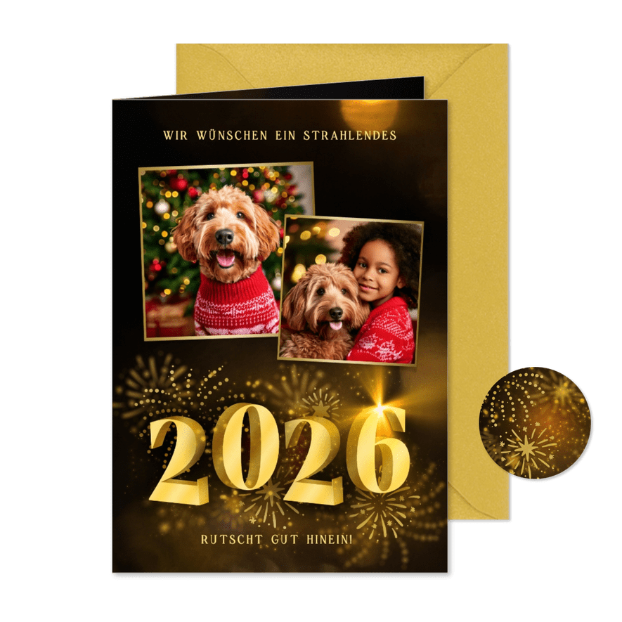 Neujahrskarte Fotocollage 3D 2026 Feuerwerk - Karteneindruck
