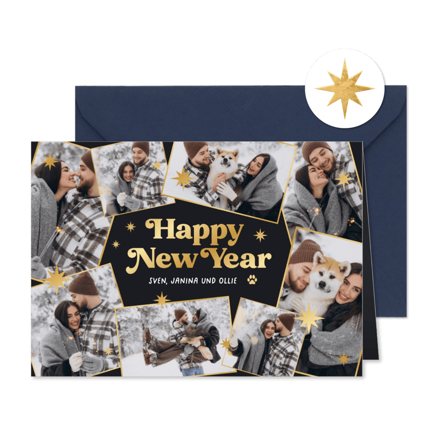 Neujahrskarte Fotocollage 8 Fotos 'Happy New Year' - Karteneindruck
