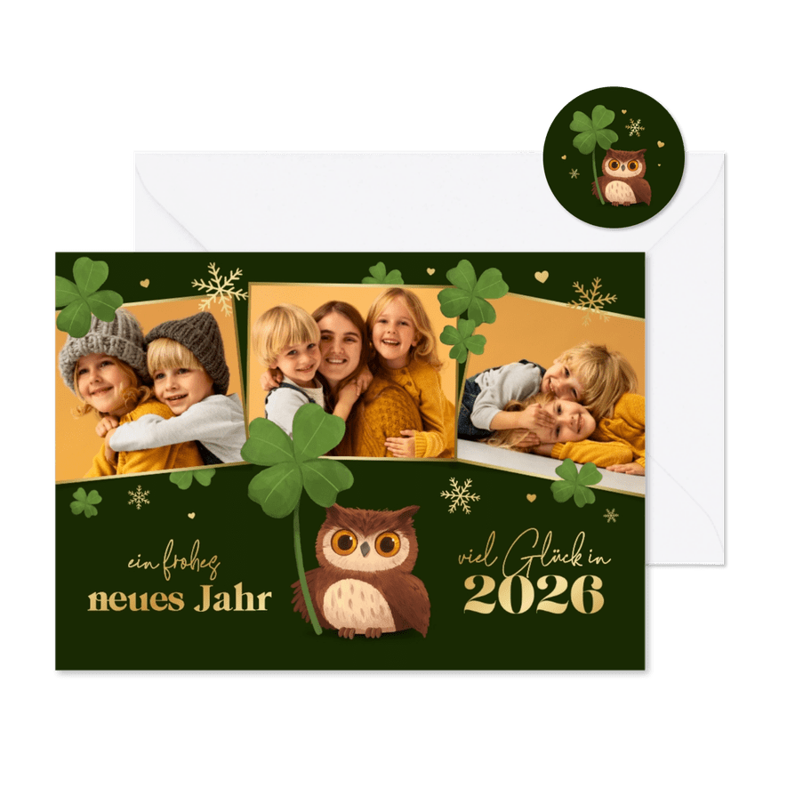 Neujahrskarte Fotocollage Eule Kleeblättern  - Karteneindruck
