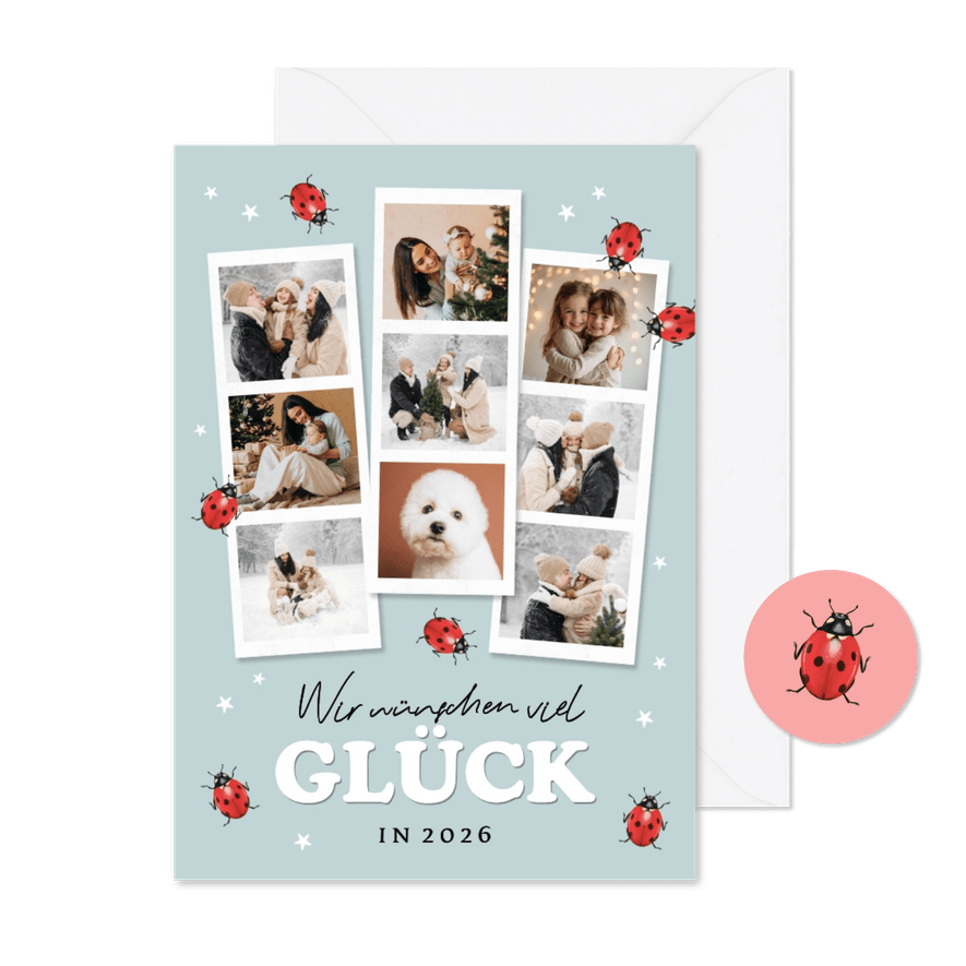 Neujahrskarte Fotocollage Fotostrips Marienkäfer - Karteneindruck
