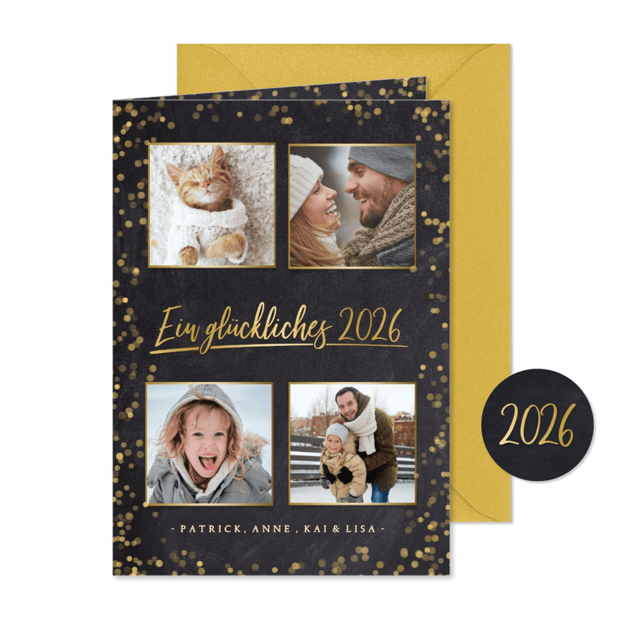 Neujahrskarte Fotocollage goldene 2026 - Karteneindruck
