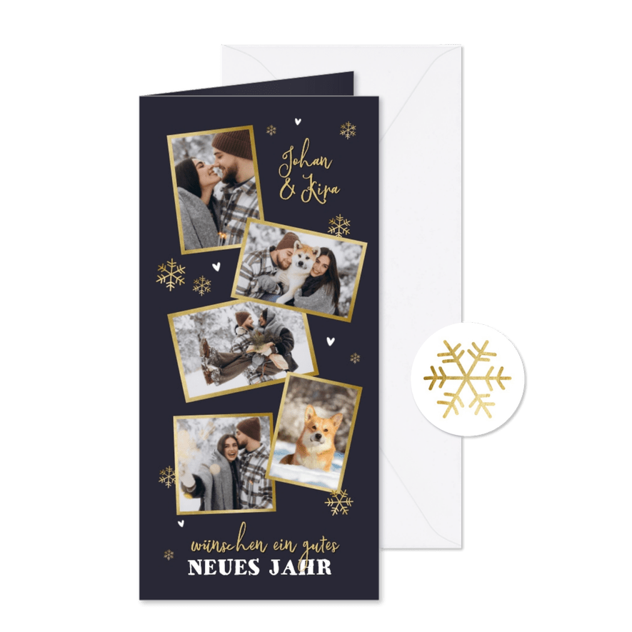 Neujahrskarte Fotocollage Hochformat goldene Schneeflocken - Karteneindruck
