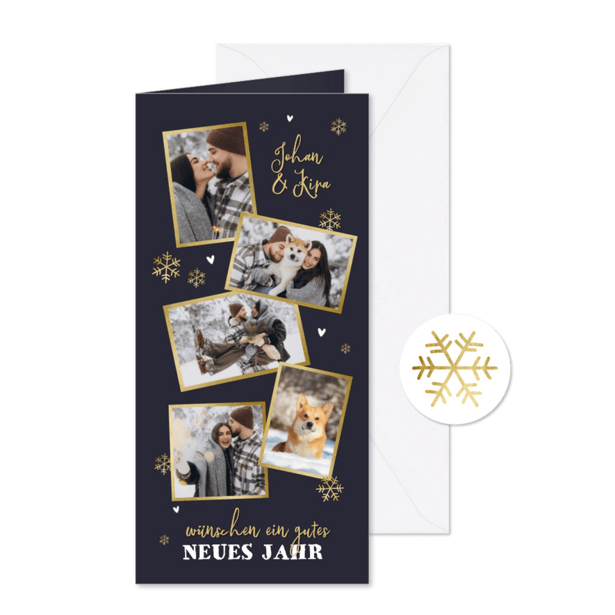 Neujahrskarte Fotocollage Hochformat goldene Schneeflocken - Kartenvorschau