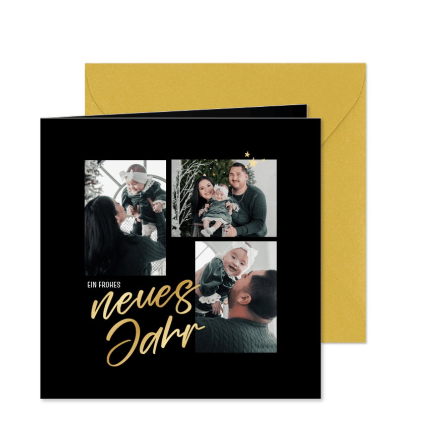 Neujahrskarte Fotocollage mit Goldschrift - Karteneindruck
