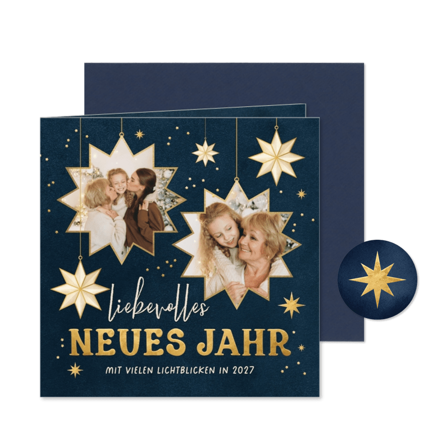 Neujahrskarte Fotocollage Sterne 'liebevolles neues Jahr'  - Kartenvorschau
