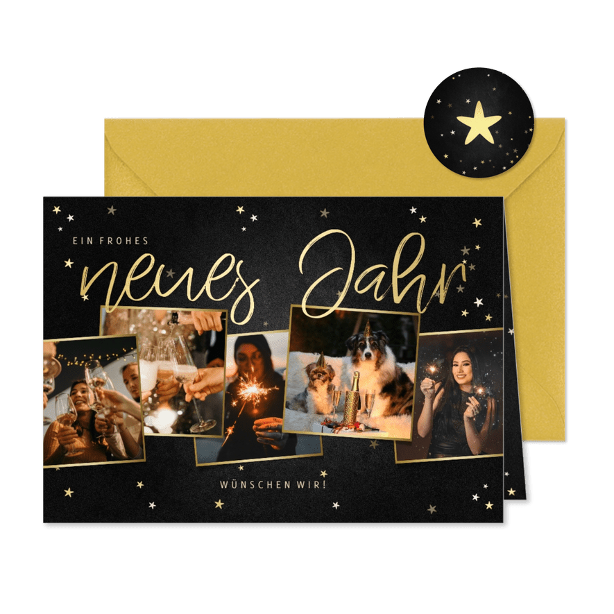 Neujahrskarte Fotocollage Sterne & Goldlook - Karteneindruck