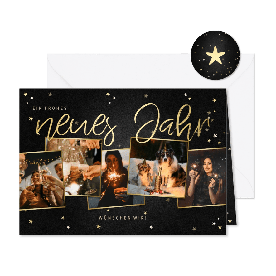 Neujahrskarte Fotocollage Sterne & Goldlook - Karteneindruck