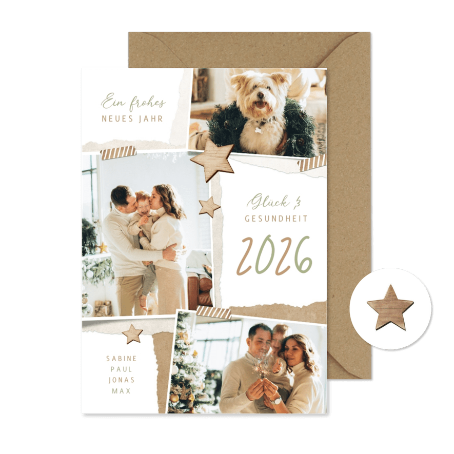 Neujahrskarte Fotocollage und Holzsterne - Karteneindruck
