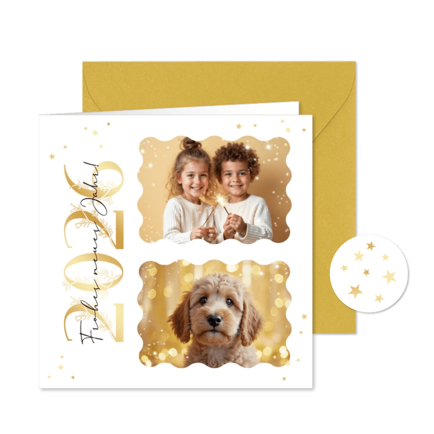 Neujahrskarte Fotocollage verzierte 2026 Goldoptik - Karteneindruck