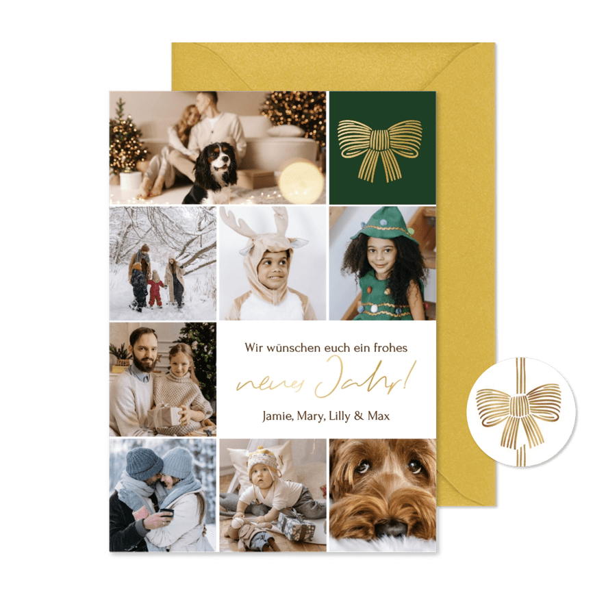 Neujahrskarte Fotoraster mit goldener Schleife 8 Fotos - Karteneindruck
