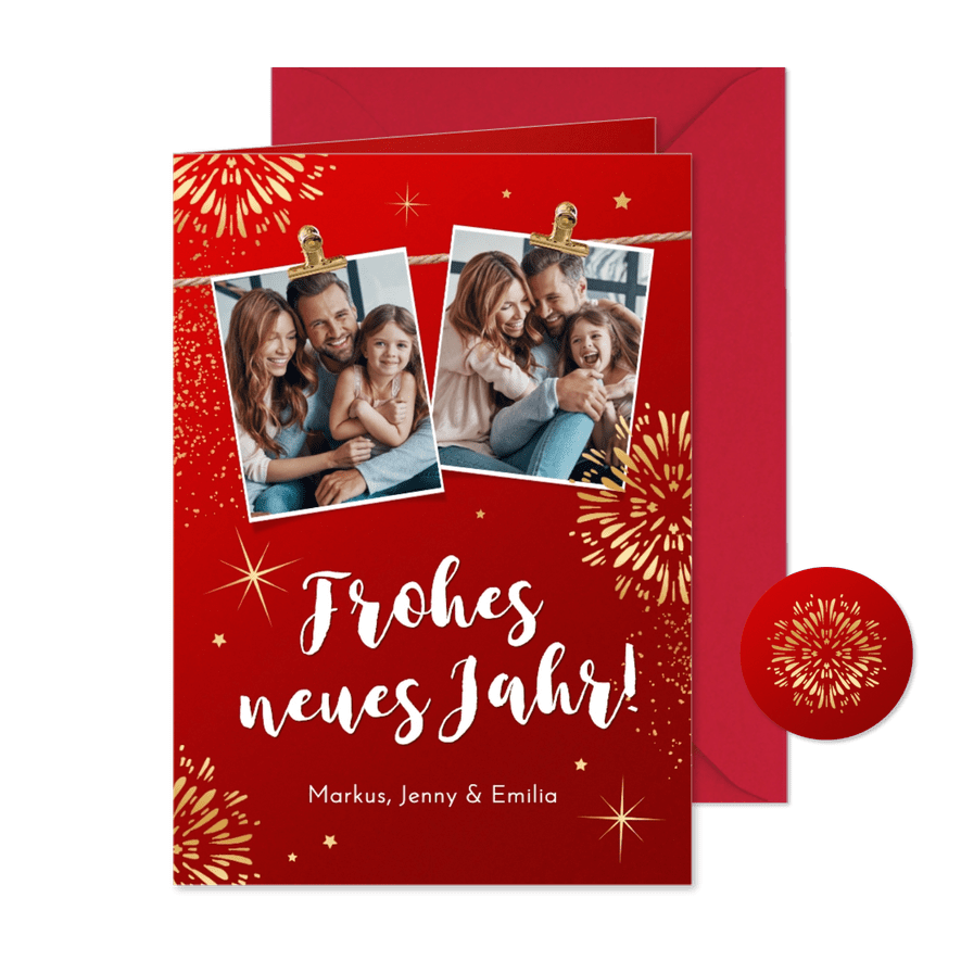 Neujahrskarte Fotos & Feuerwerk in Gold - Karteneindruck