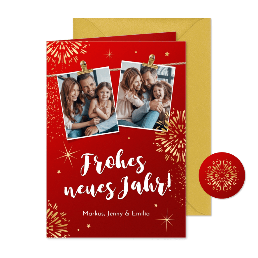 Neujahrskarte Fotos & Feuerwerk in Gold - Kartenvorschau