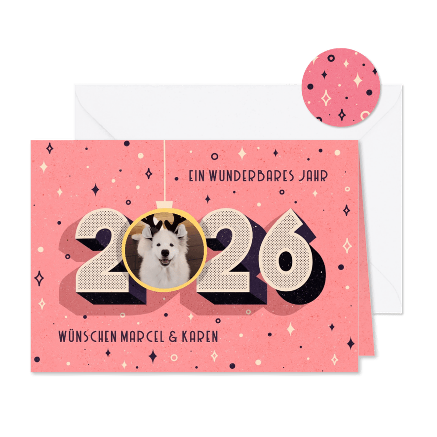 Neujahrskarte funky Retrolook mit Foto - Karteneindruck
